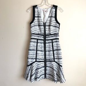 Rebecca Taylor Raffia Black White Tweed Sleeveless Flounced Hem Dress